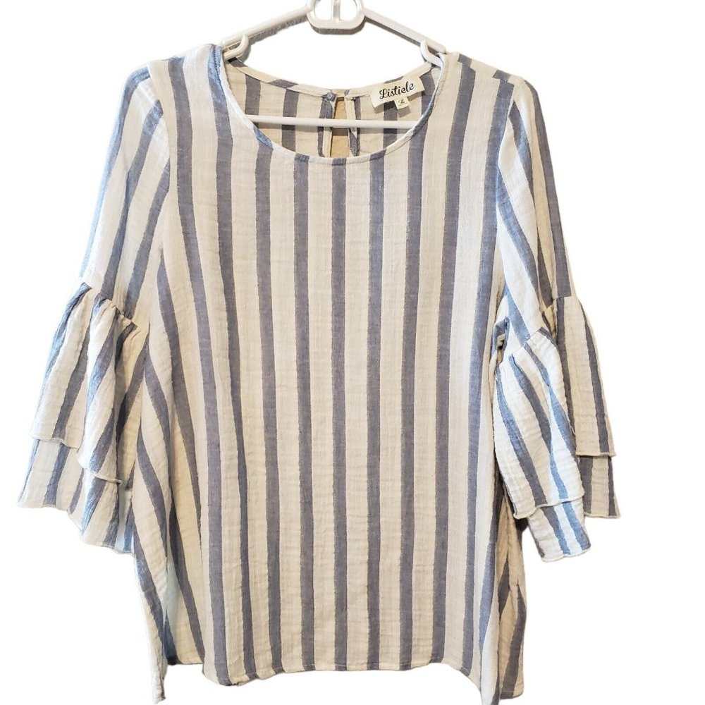 Listicle cotton tunic top ruffled‎ bell sleeves blue white stripe size L